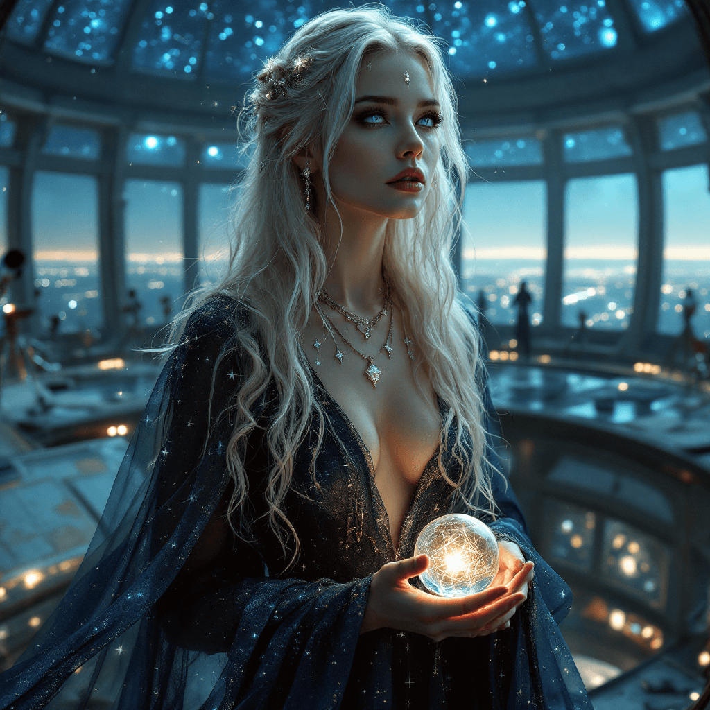 AI generated: An ethereal woman with long, platinum blonde hair, styled into loose waves and adorned with delicate...