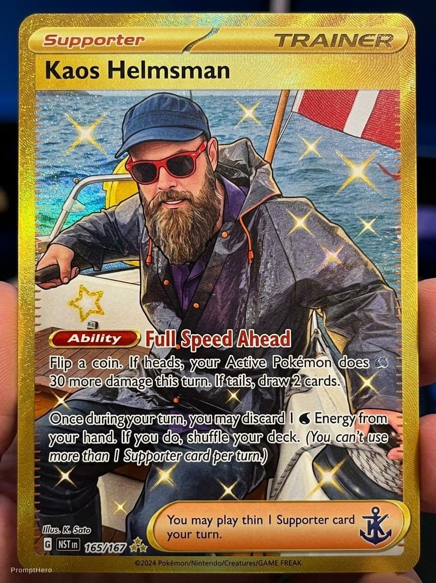 AI generated: Pokemon card, Kaos Helmsman,  rare, gold, holographic,