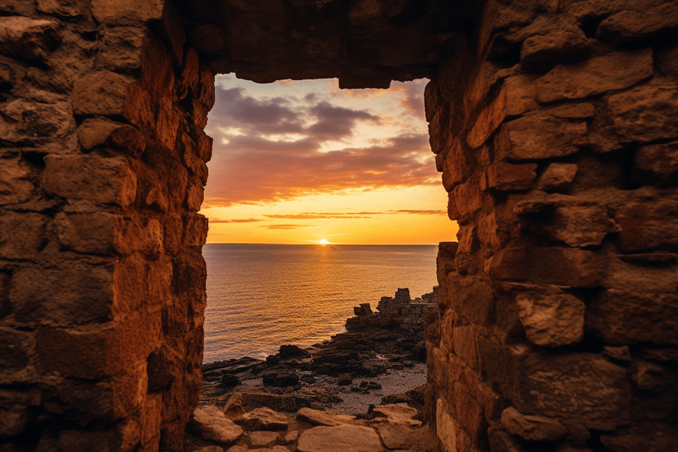 AI generated: Photo of the sea at sunset seen from inside an ancient Roman castle, seen through one wall's archway...