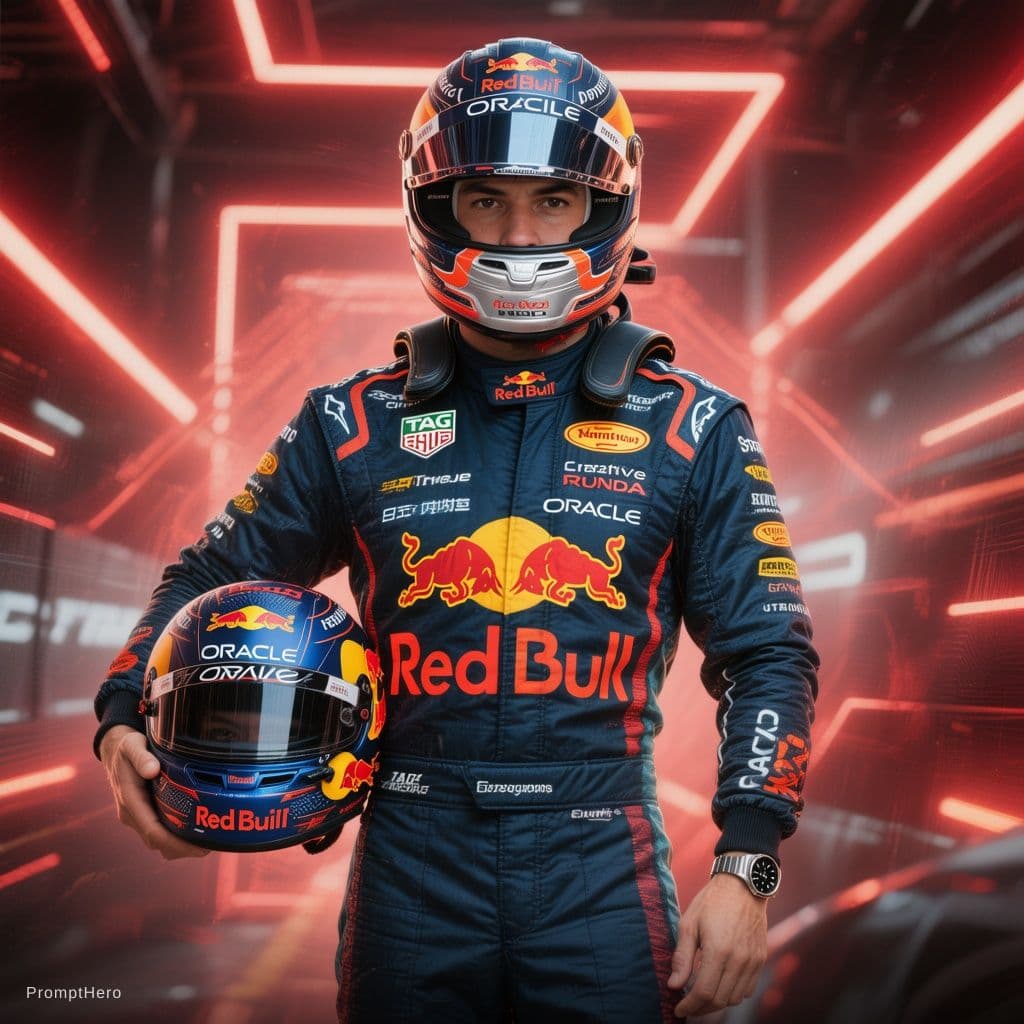 AI generated: Edit the uploaded photo (face based on the reference photo). A professional race car driver standing...