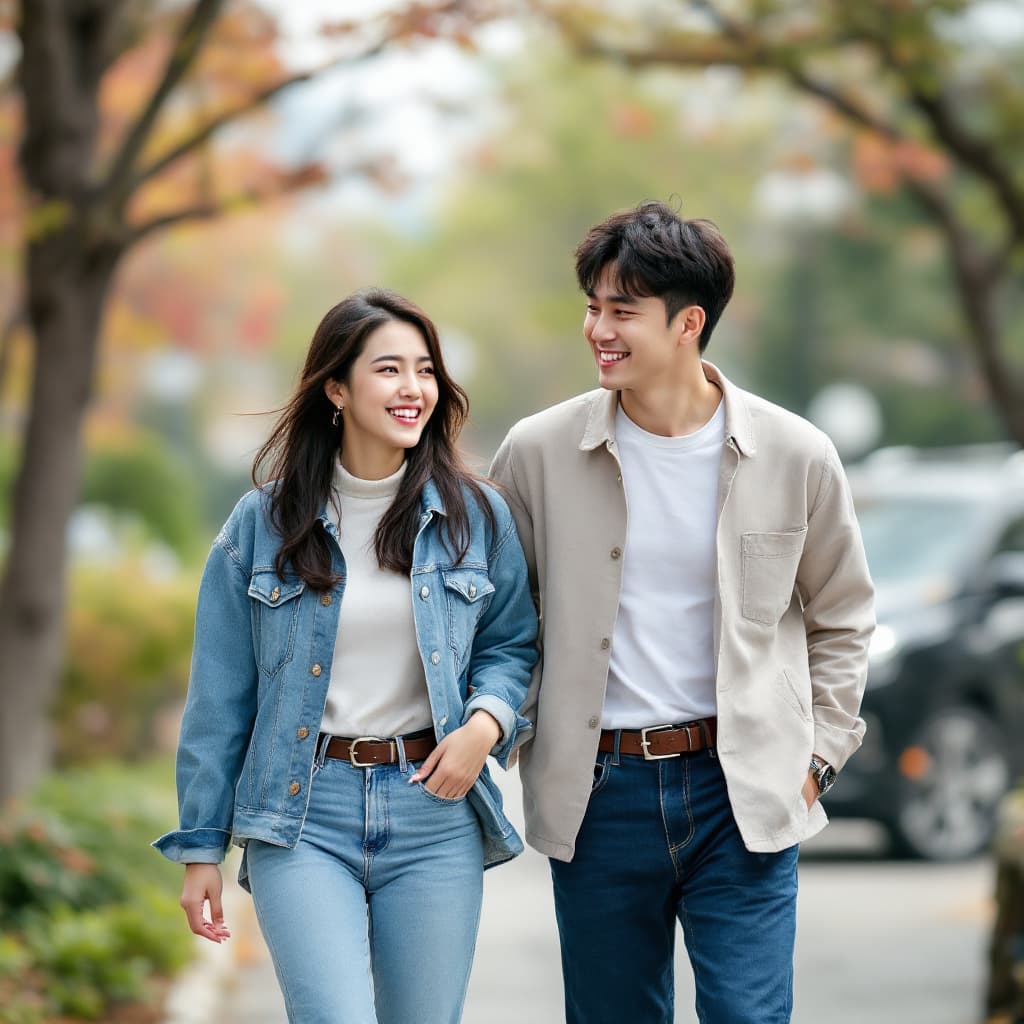AI generated: "A young man and woman in South Korea walking joyfully while wearing jeans, depicted without wearing...