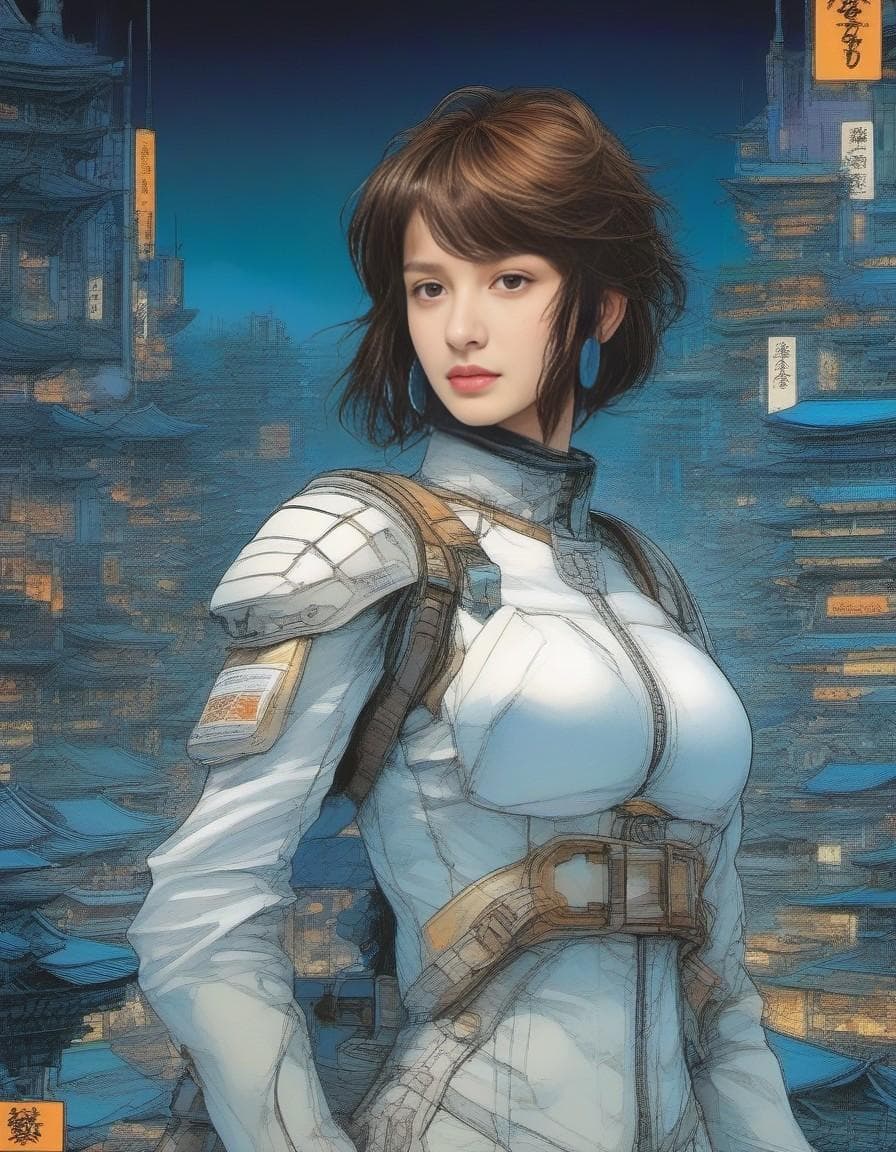 AI generated: powerful woman officer, [cyber implants], [blue hair], [side profile], [futuristic clothes], backgro...