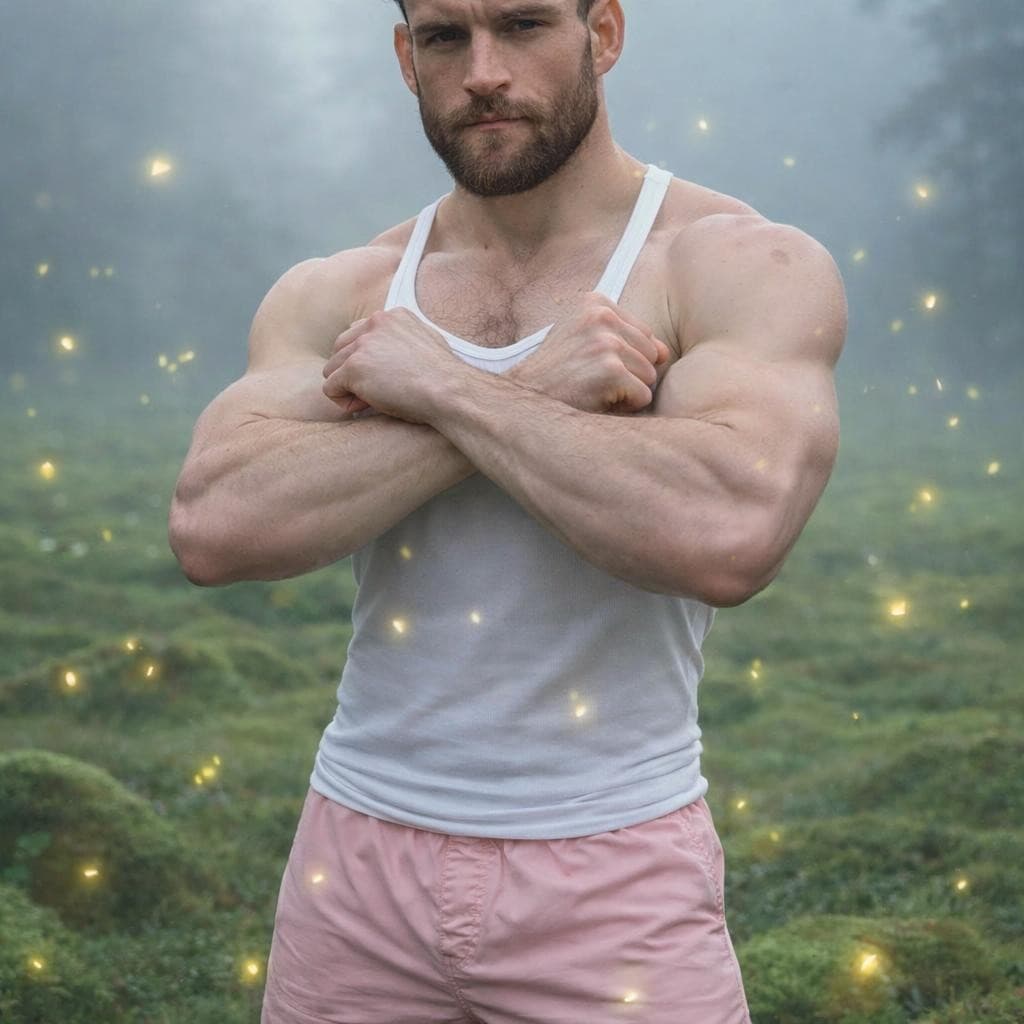 AI generated: Make this man standing in mossy field wearing light pink short shorts and a white thing strapped tan...