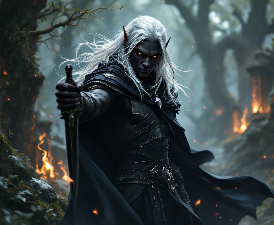 AI generated: Fantasy DnD style, (A handsome dark skinned Dark Elf Man with Ebony skin), long white Hair, long ear...