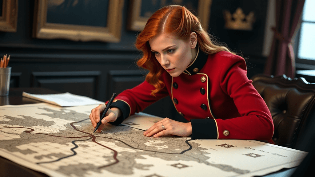 AI generated: cinematic film still of a princess at a strategy meeting. [A young Caucasian woman with a buxom figu...