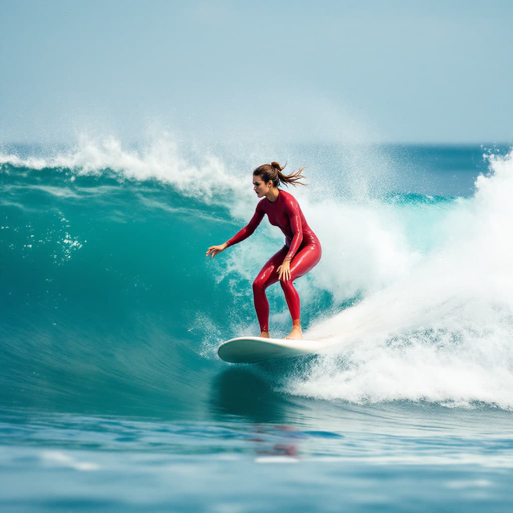AI generated: female, The image features a woman riding a wave on a surfboard. She is skillfully navigating the wa...