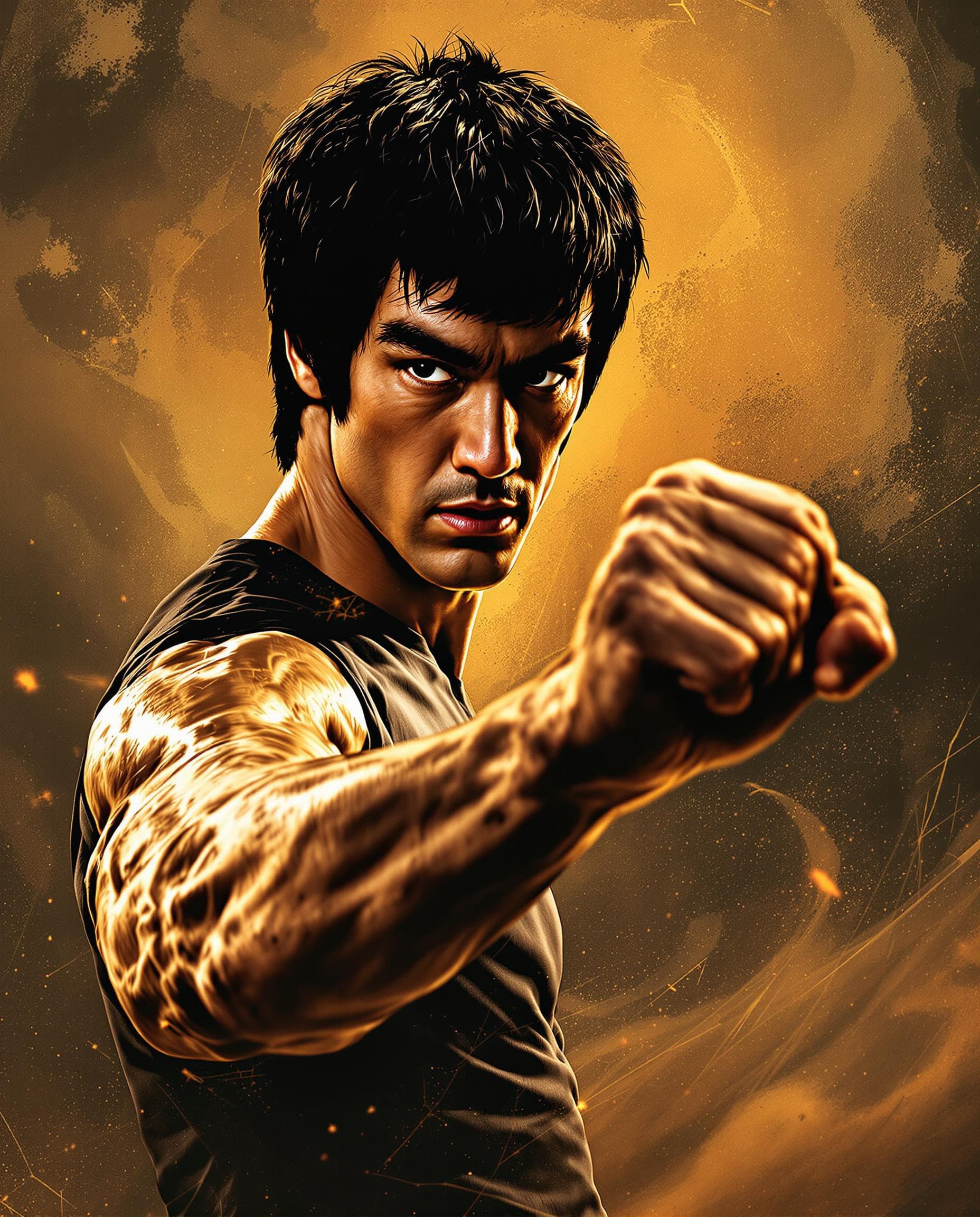 AI generated: Bruce Lee in fists of fury, hands render --ar 2:3 --v 4