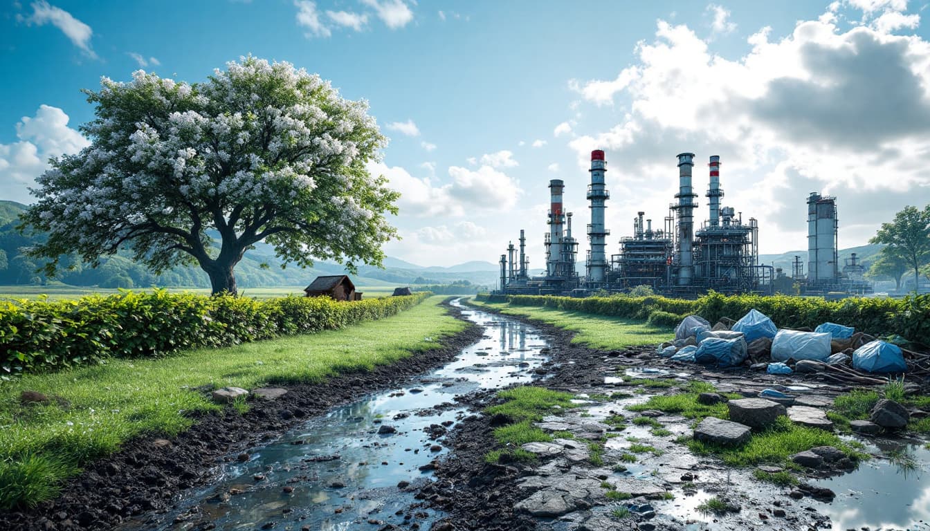 AI generated: ((one side earth beautiful)), other side chemical factory and pollution plastic 