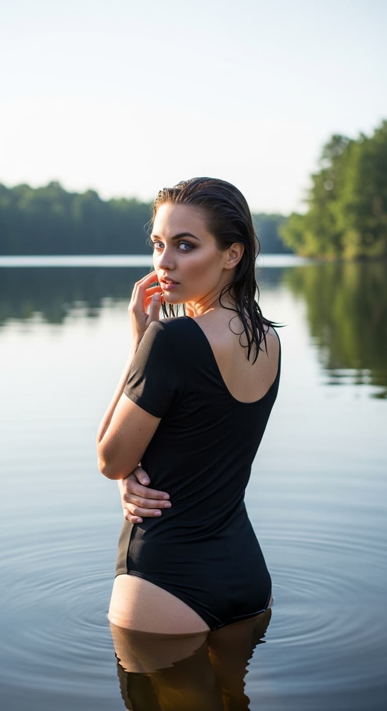 AI generated: A woman stands in a serene lake, her back to the viewer, looking over her shoulder with light blue e...