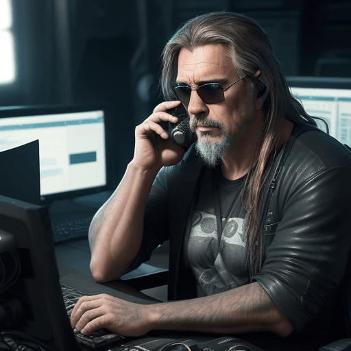 AI generated: A mysterious weathered looking man with long, scruffy light brown hair and goatee sitting in a leath...