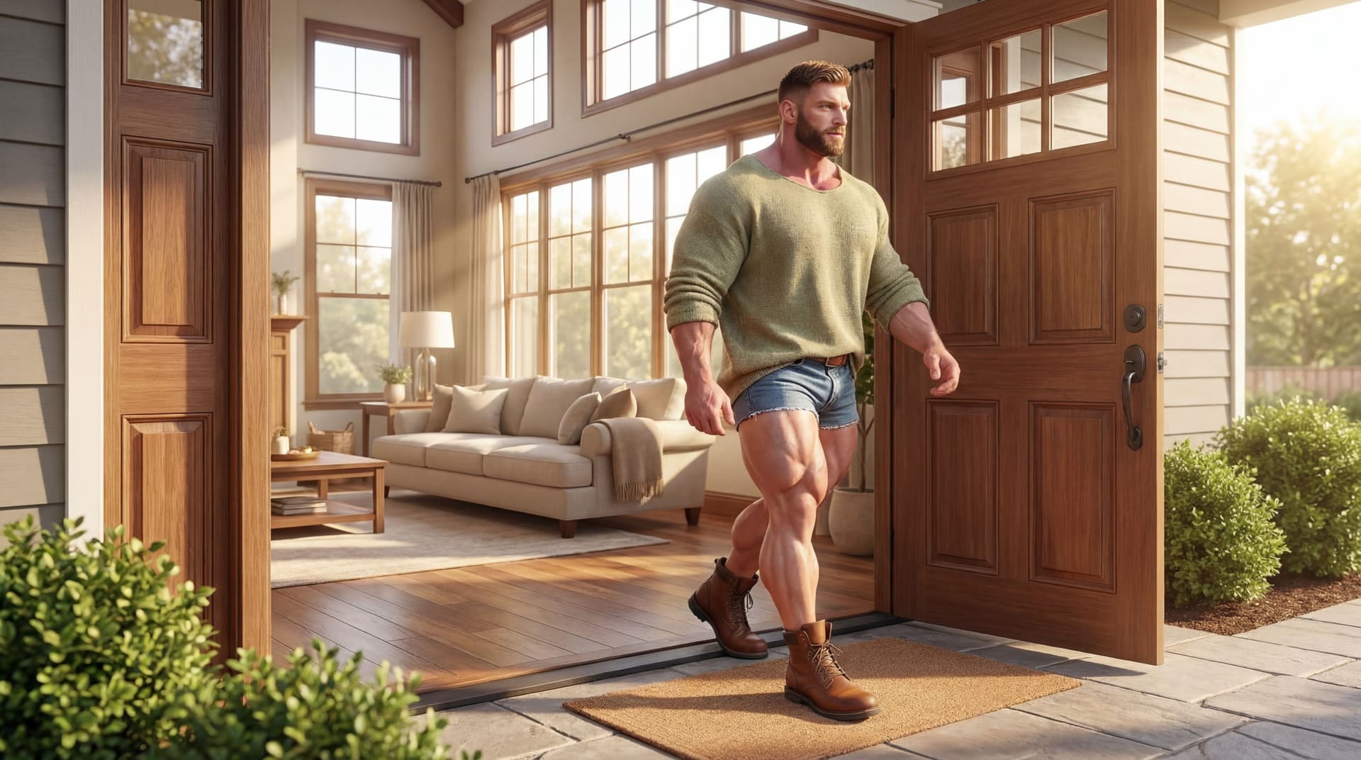 AI generated: the model is walking outside through the main door of the house. The view is at an angle. 