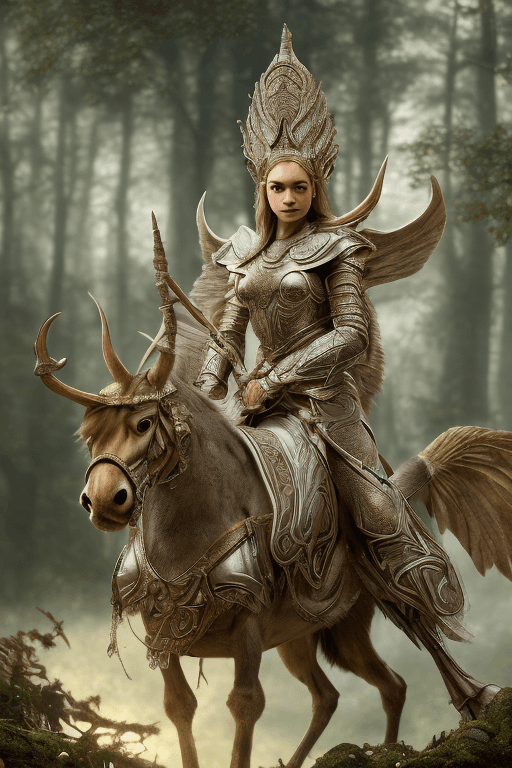 AI generated: hyperrealism, elf with ancestral armor mounted on a falcon with a majestic mount, perfect details of...