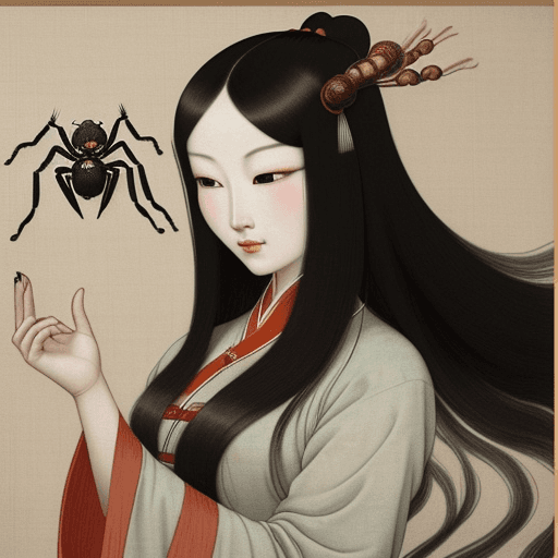 AI generated: 15th century ming dynasty chinese painting of a long-haired feminine man with spider arms. It looks ...