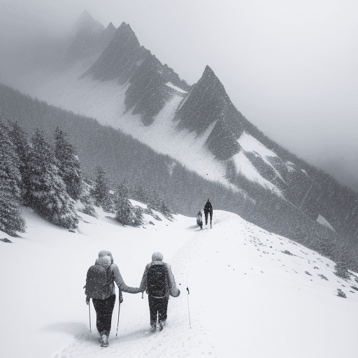 AI generated: Two travelers walking up a mountain covered in heavy snow