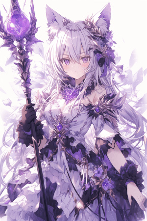 AI generated: An excited French catgirl in elegant purple and silver armor, holding lavender patterned staff, deli...
