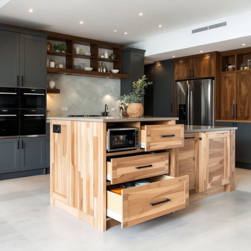 AI generated: whole kitchen made out of oak wood. The kitchen island is made out of oak and has a compost drawer