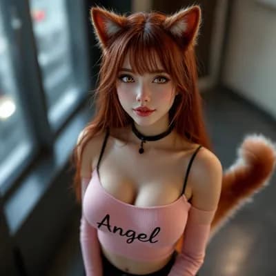 AI generated video: Hands remove shoulder straps. Cat ears twitch, move and swivel. Tail swishes, moves and curls.