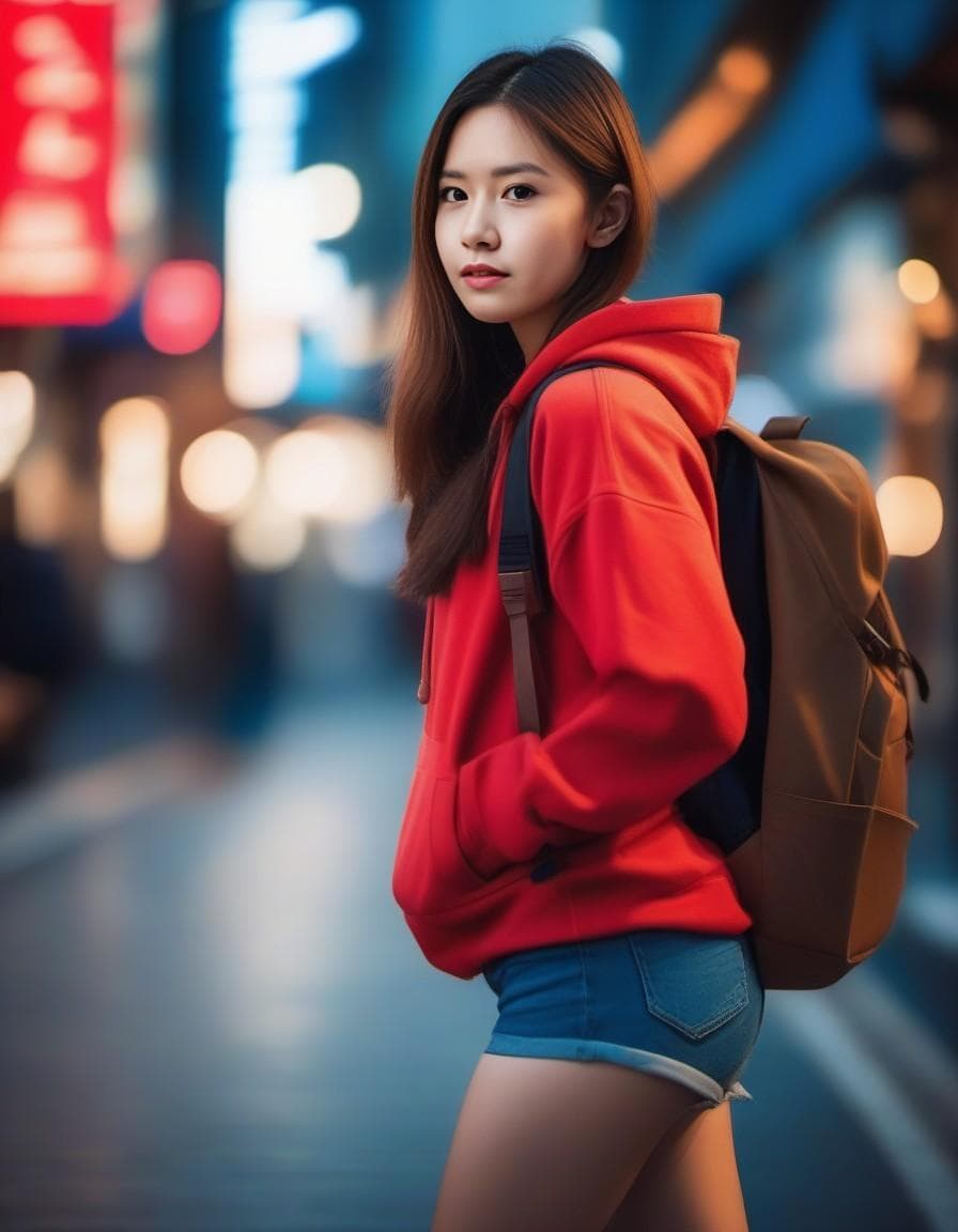 AI generated: (masterpiece, best quality), a beautiful 20 yr old woman wearing a red hoodie and sexy blue jeans sh...