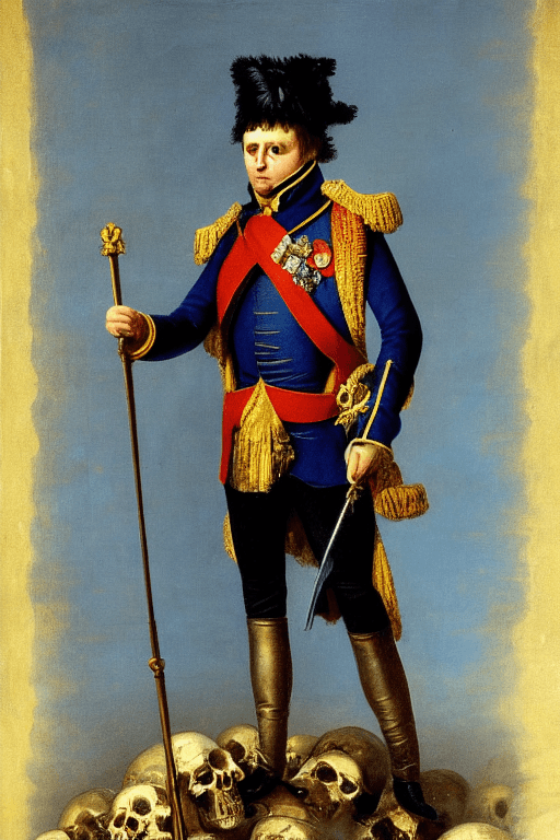 AI generated: Napoleon Bonaparte with blue and yellow flag standing alone on a huge pile of human skulls as a winn...