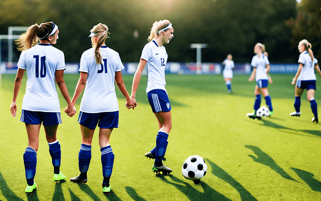 AI generated: two female soccer players, holding hands, --no cropped heads