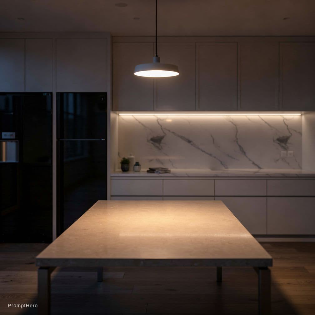 AI generated: modern kitchen in the pre-dawn light, sleek white tile and matte white finishes, with a beige, and m...