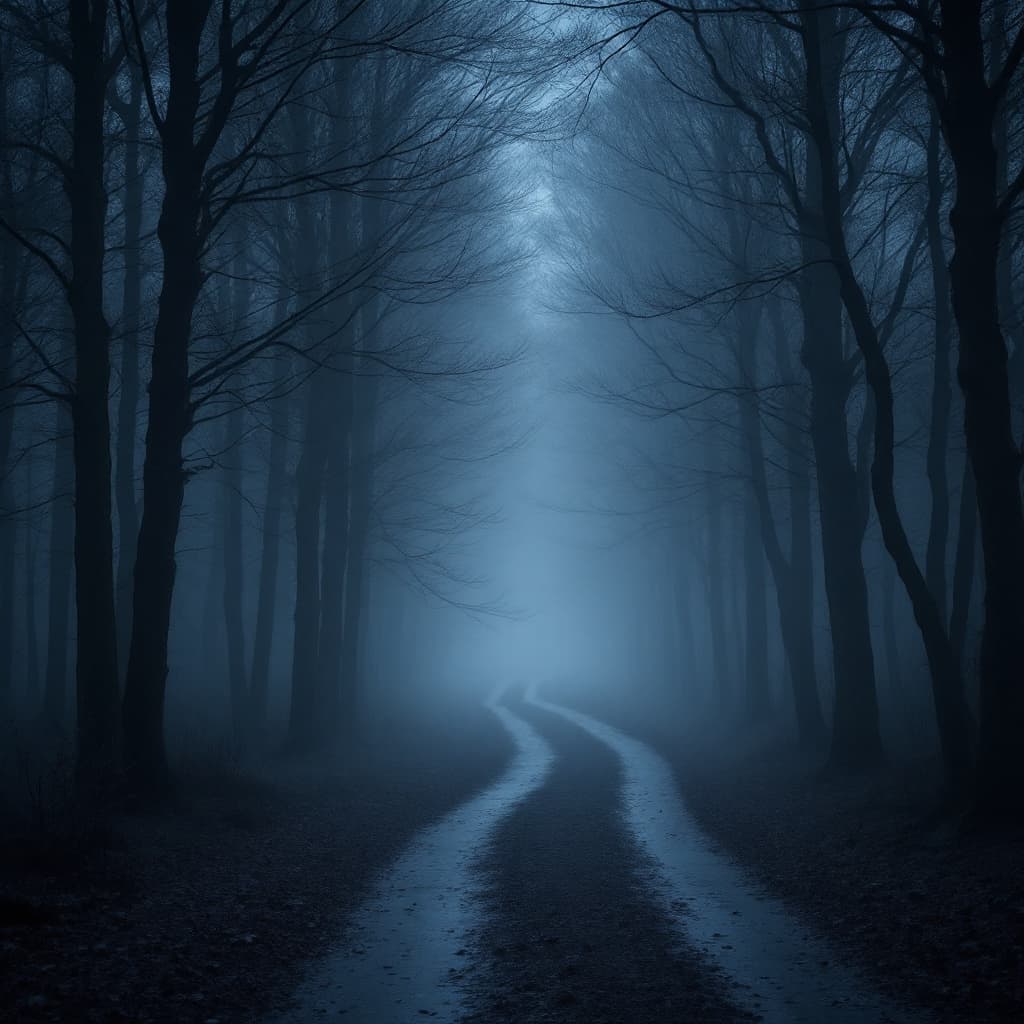 AI generated: trail of trees. dark gray and blue, mist, moody,gloomy, hi resolution