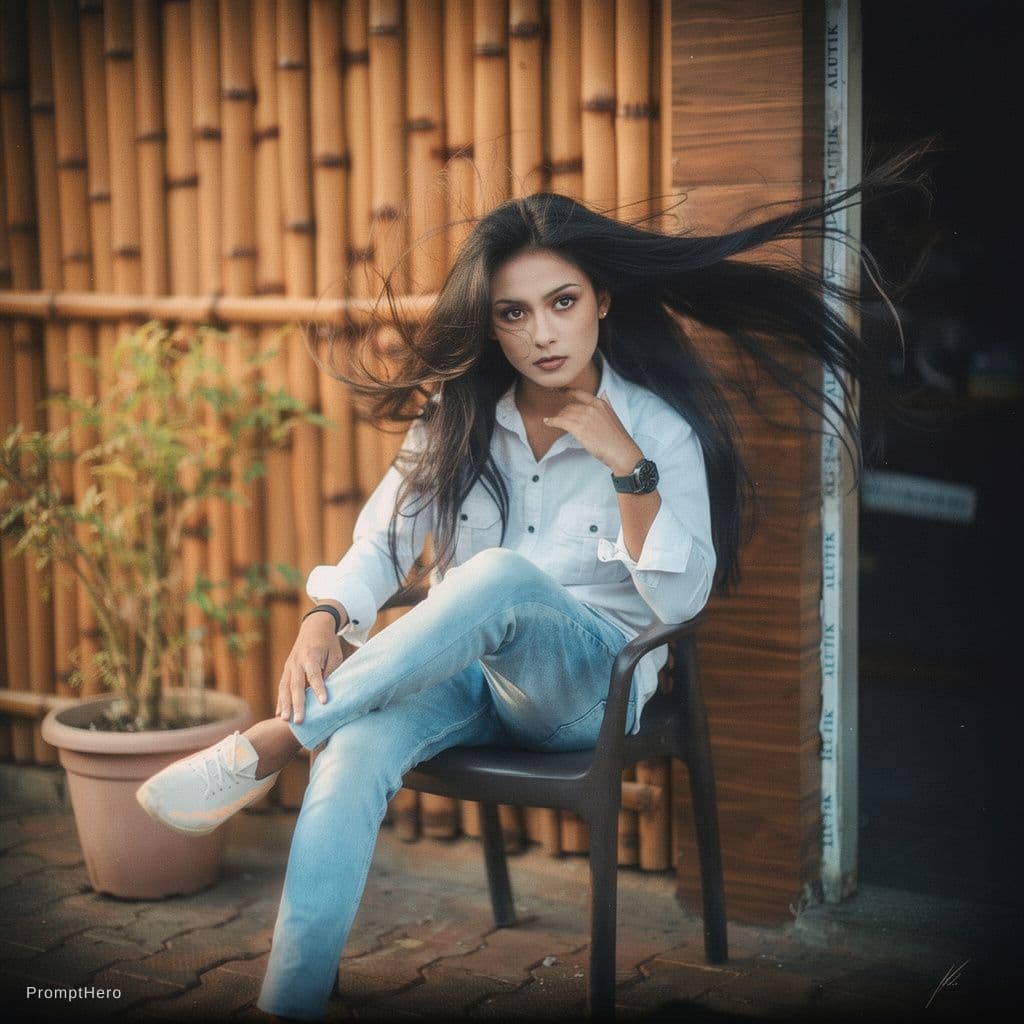 AI generated: a woman with long wild hair on a windy day, in the style of toy camera effects, haunting elegance, f...