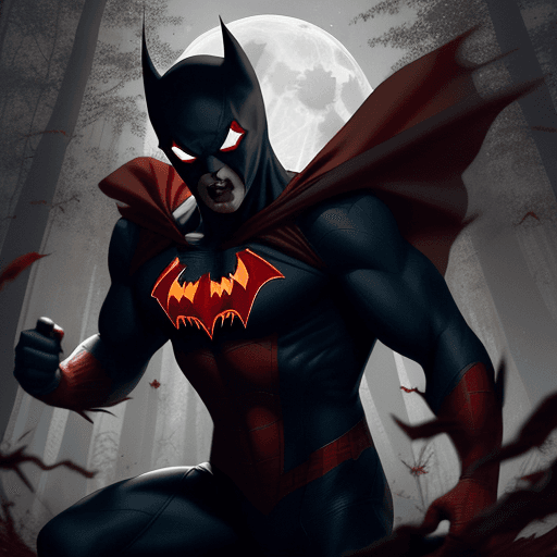 AI generated: 
we are seeing a white skin vampire man like superhero, in a red and blue sleeveless superhero type ...