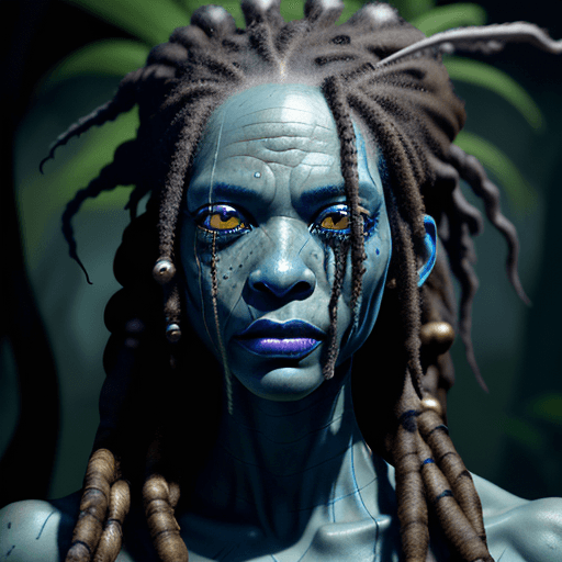 AI generated: bullfrog chin, voodoo, long moldy dreadlocks, one eye wink, blue veins, transparent skin, wide head,...