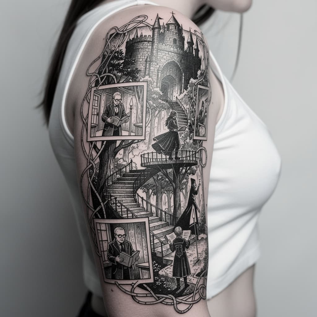 AI generated: a black and white tattoo on a woman, in the style of detailed fantasy art, pensive stillness, lithog...