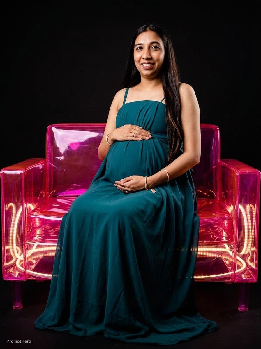 AI generated: productive photography, front view, small fluffy couch, transparent fluorescent magenta vinyl materi...