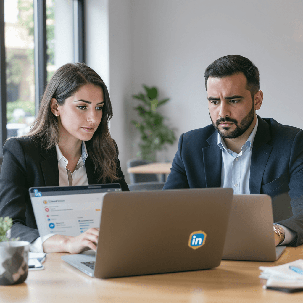 AI generated: A professional-looking man and woman sitting at a desk, both using laptops open to LinkedIn. The wom...