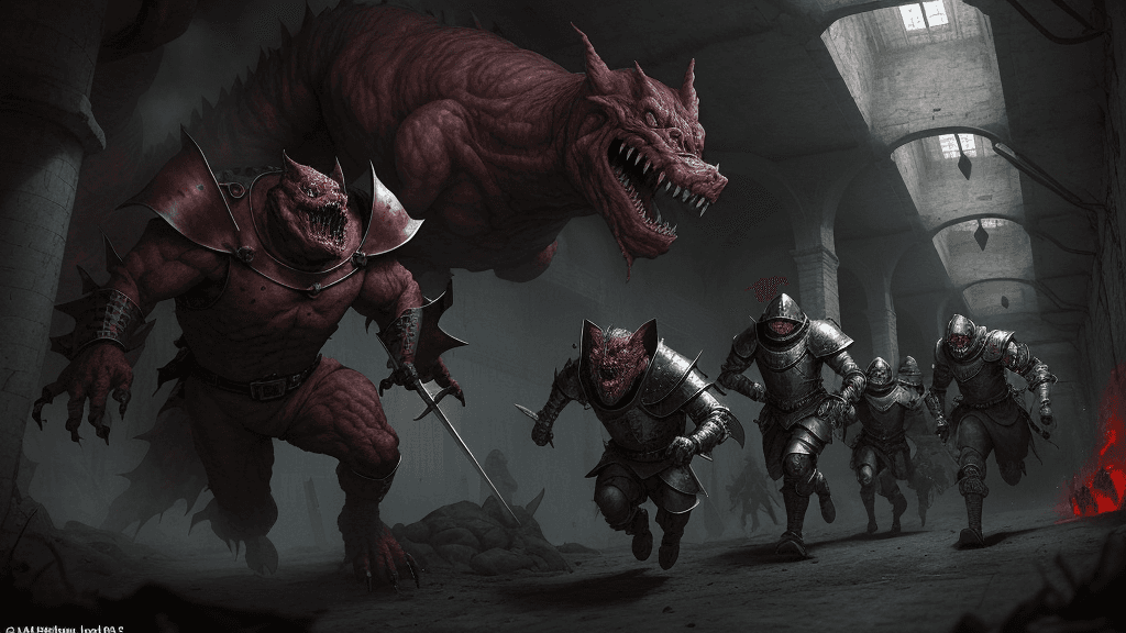 AI generated: secret underground laboratory, red alarms, kiro and his friends run away from hideous monsters, medi...
