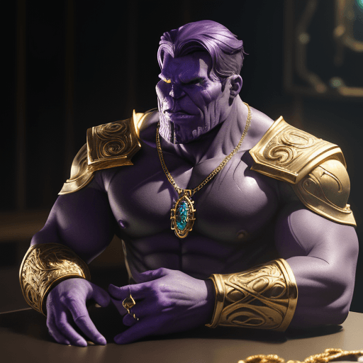 AI generated: necklace Ring on the table with the design and character of thanos The necklace Ring is gold and pur...