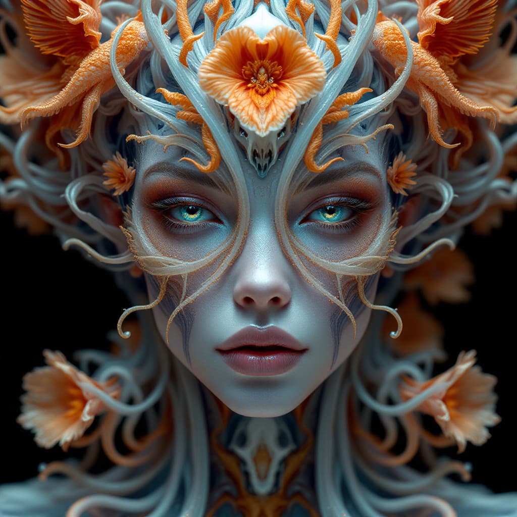 AI generated: Goddess close-up portrait ribcagel. jellyfish phoenix head, nautilus, orchid, skull, betta fish, bio...