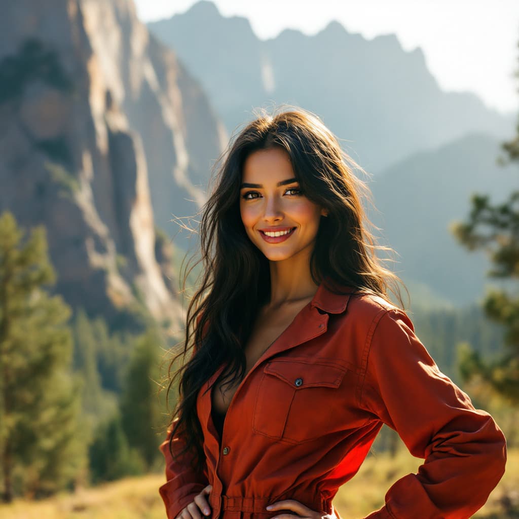 AI generated: A woman with black long hair, sun-kissed skin, and a worn a red blue safety coverall for oil and gas...