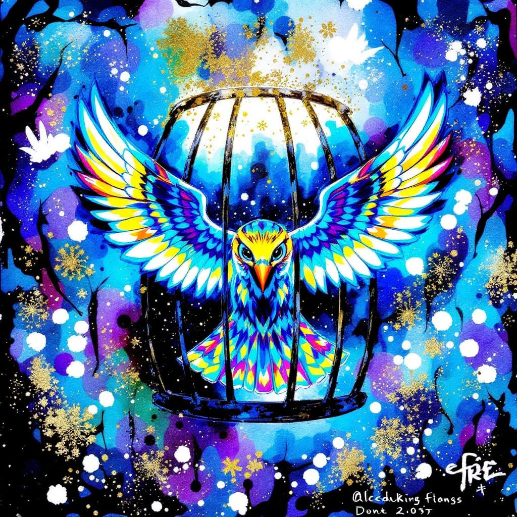 AI generated: A vibrant alcohol ink painting inspired by the book 'When The Caged Bird Sings'. The image features ...
