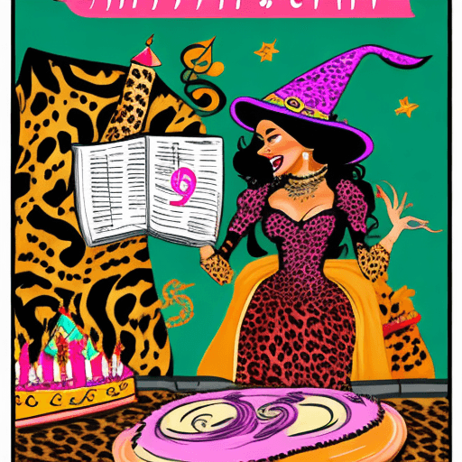 AI generated: A dancing witch dressed in leopard clothing and musical notes in the background, all combined in a b...