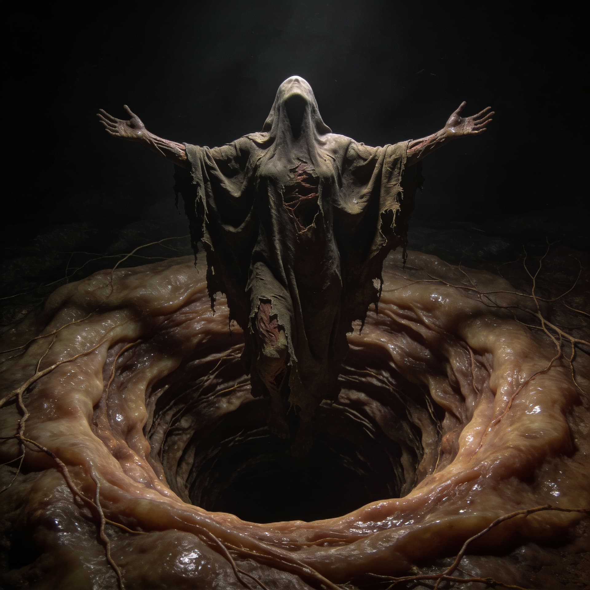 AI generated: a living organic abyss shaped like a pulsating fleshy tunnel, walls made of soft moist tissue, fibro...