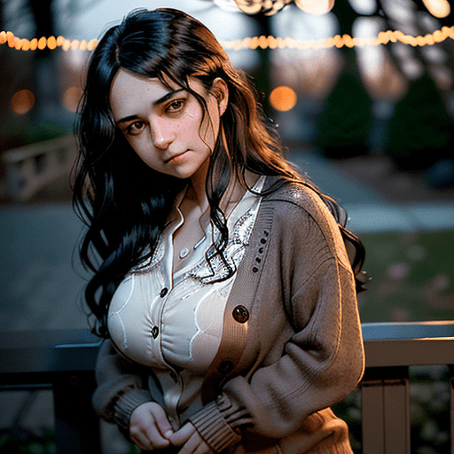 AI generated: A woman with dark wavy hair stands outdoors at dusk, facing the camera with a serious expression. Sh...