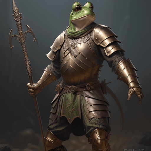 AI generated: 8k, a frog man with bright yellow eyes holding a bronze medieval spear with scale mail armor , by Ra...