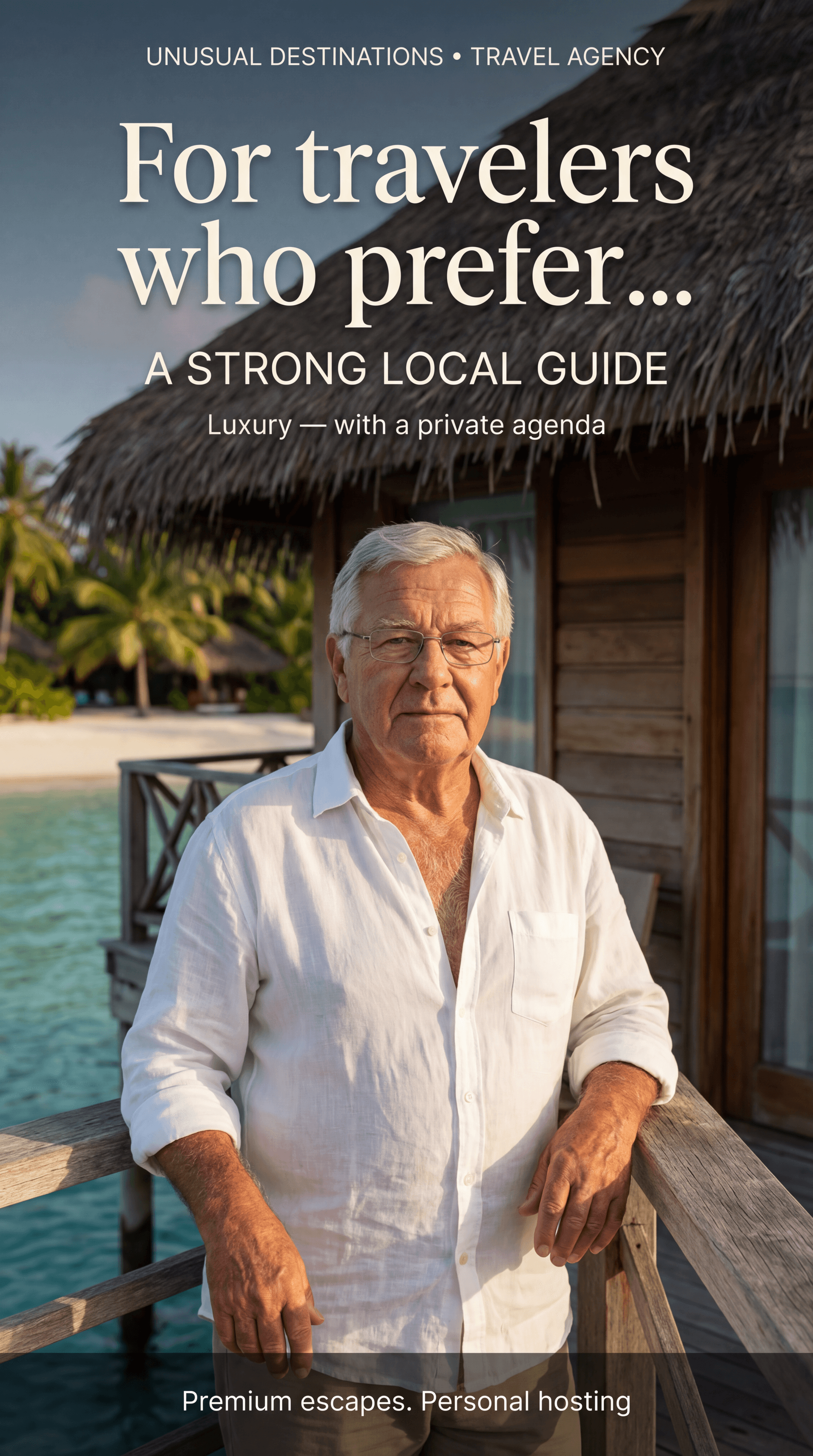 AI generated: ULTRA-REALISTIC PREMIUM TRAVEL AGENCY AD (vertical poster, 9:16).
High-end editorial lifestyle photo...