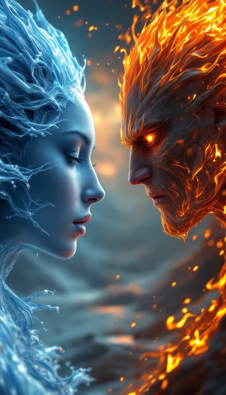 AI generated: An epic, high-detail render in 8k octane, showcasing a confrontation of elements: A benevolent, wate...