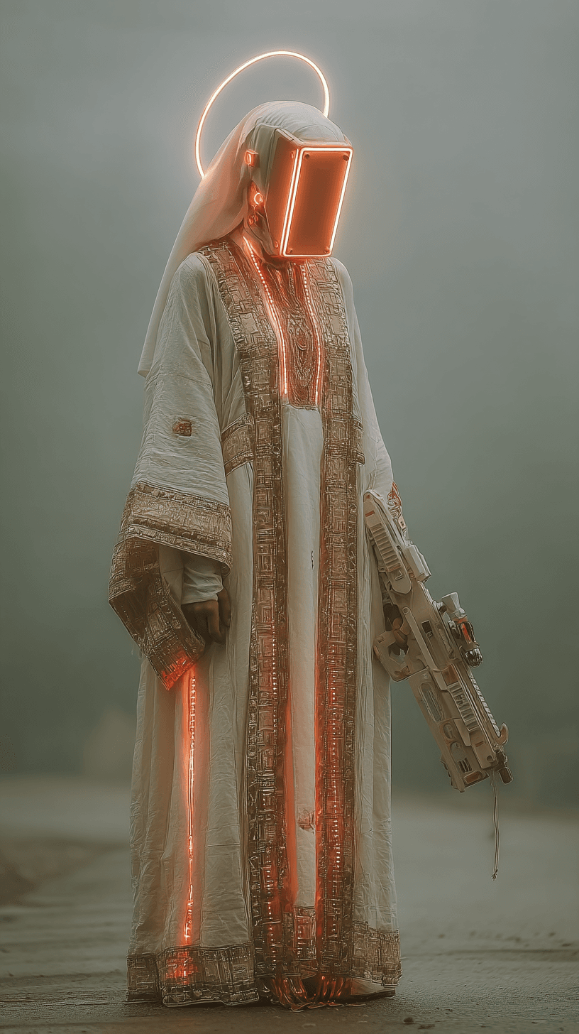 AI generated: Mysterious nun with glowing cybernetic implants on her face and body, wearing a traditional robe wit...