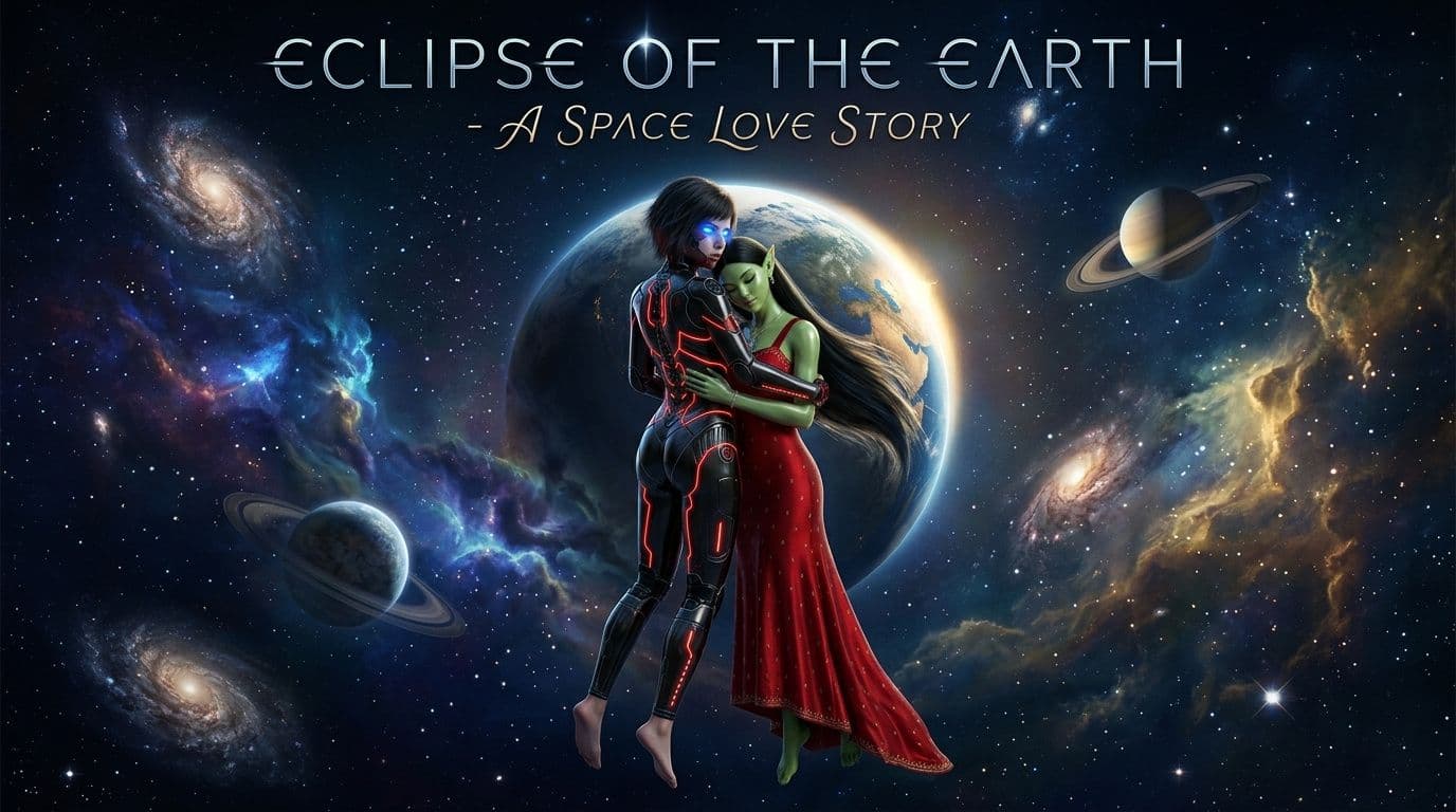 AI generated: Make a movie poster in 16.9 with these two characters hugging in space with galaxies and planets. Ti...