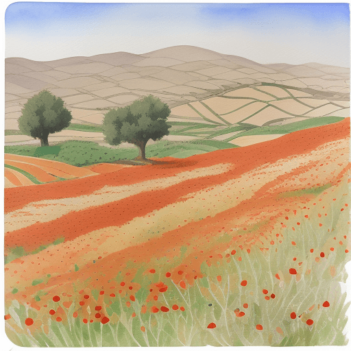 AI generated: no background sky, olive tree field, a couple of poppy flowers spread out in field, designed in line...
