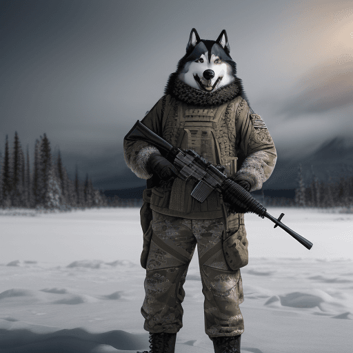AI generated: Courageous alaskan malamute in full winter military uniform, holding a carbine rifle, anthropomorphi...