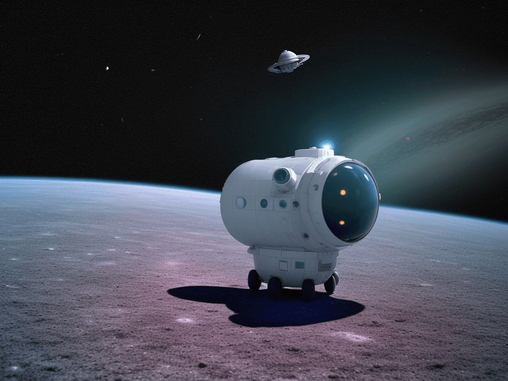 AI generated: start field in outer space, a small spaceship in the background moving slowly