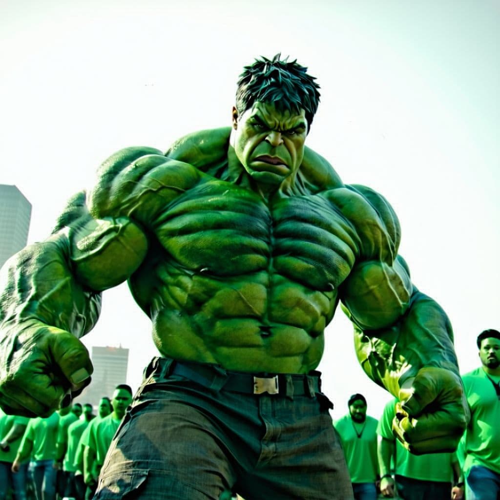 AI generated: millions of hood people versus the hulk, hundreds perish, photorealistic