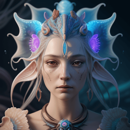 AI generated: Goddess close-up portrait ribcagel. jellyfish phoenix head, nautilus, orchid, skull, betta fish, bio...